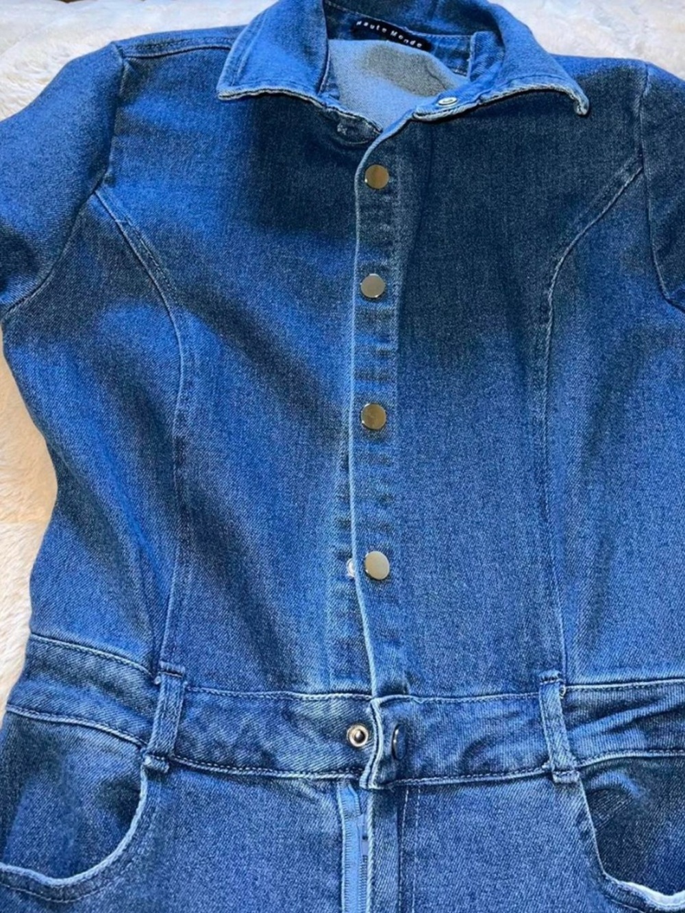 Short-Sleeve Denim Jumpsuit - Picture 2 of 4